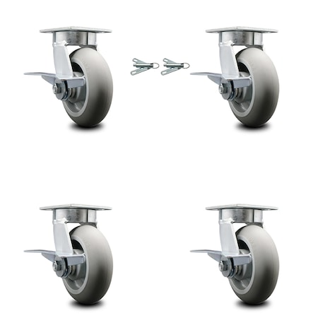 6 Inch Kingpinless Thermoplastic Rubber Wheel Caster Brakes 2 Swivel Locks, 4PK